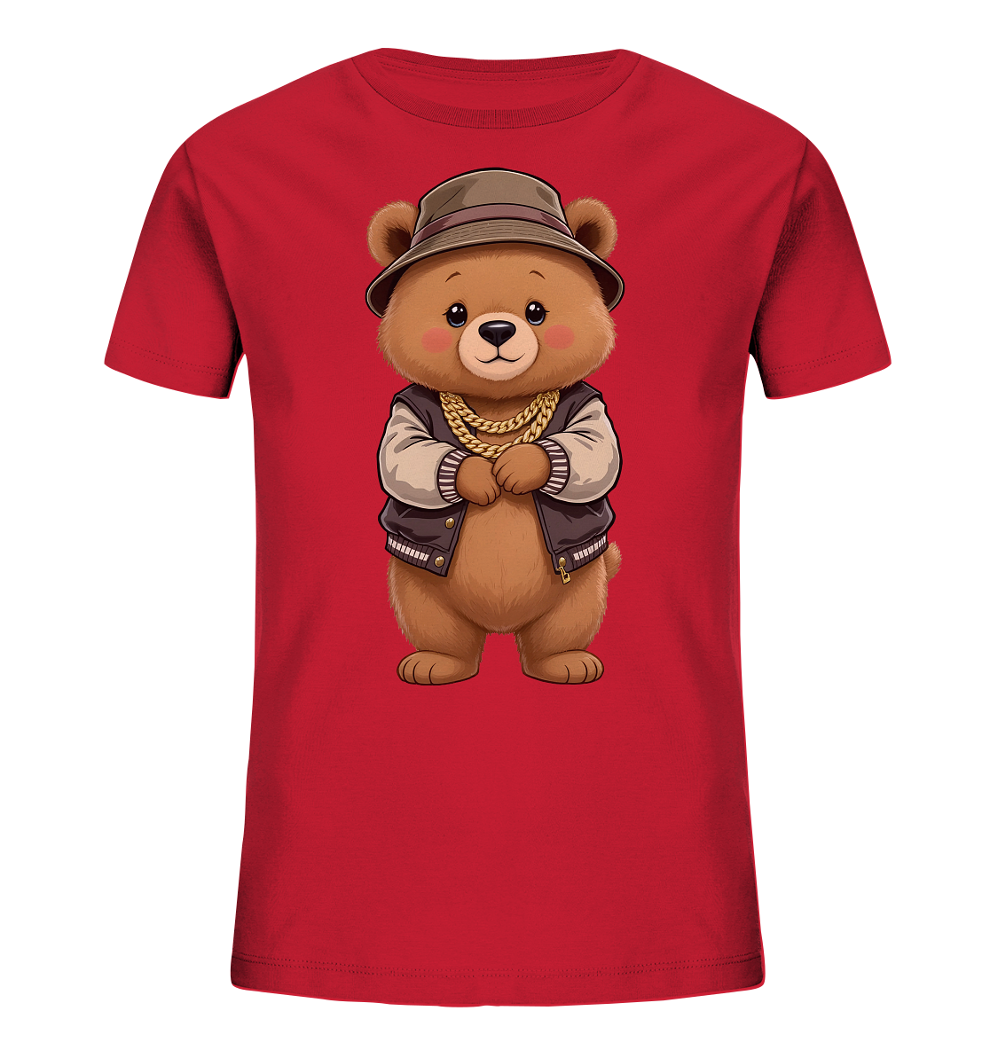 Onlineshop Shirts fuer Kinder - Das rote Kinder-T-Shirt zeigt einen niedlichen Cartoon-Baeren in der Mitte der Vorderseite. Der Baer traegt einen braunen Hut, eine zweifarbige Bomberjacke und eine goldene Halskette. Er steht aufrecht mit verschraenkten Pfoten und einem freundlichen Gesichtsausdruck. Dieses Motiv verleiht dem Shirt einen laessigen und verspielten Charakter.