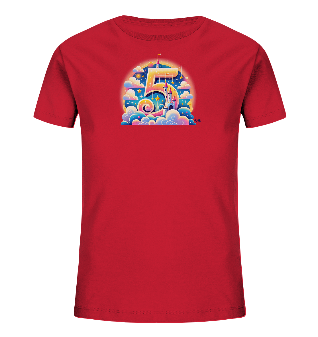 Onlineshop Shirts für Kinder - Das Bild zeigt ein rotes Kinder-T-Shirt mit einem aufwendigen grafischen Druck auf der Vorderseite. Das Design zentriert sich um eine große, mehrfarbige '5', die mit einem Märchenschloss, Wolken und Sternen verschmilzt. Die Illustration ist sehr farbenfroh und detailreich, mit Verläufen und leuchtenden Akzenten. Dieses verspielte Motiv eignet sich besonders für Kindergeburtstage oder als alltägliches Kleidungsstück.