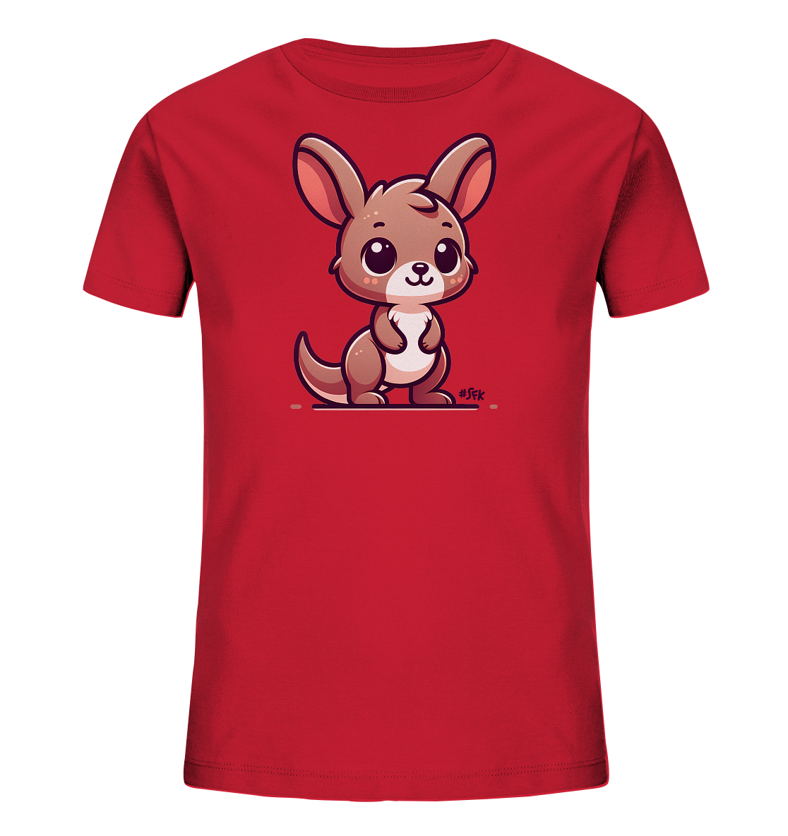 Onlineshop Shirts fuer Kinder - Das Bild zeigt ein rotes Kinder-T-Shirt mit einem niedlichen Kaenguru-Motiv auf der Vorderseite. Das Kaenguru ist im Cartoon-Stil gezeichnet und steht aufrecht mit grossen Augen und Ohren. Die Illustration verwendet warme Brauntoene und hat eine verspielte Ausstrahlung. Das Design ist auf der Brust des Shirts zentriert.