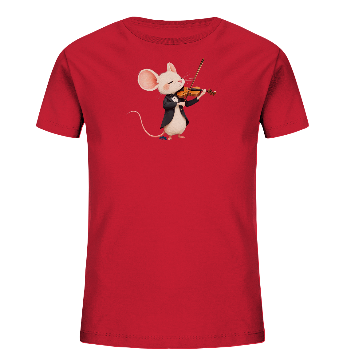 Onlineshop Shirts fuer Kinder - Das Bild zeigt ein rotes Kinder-T-Shirt mit einer charmanten Illustration einer weissen Maus. Die Maus ist in einem schwarzen Anzug gekleidet und spielt konzentriert Geige. Dieses musikalische Motiv verleiht dem Shirt einen verspielten und kuenstlerischen Charakter.