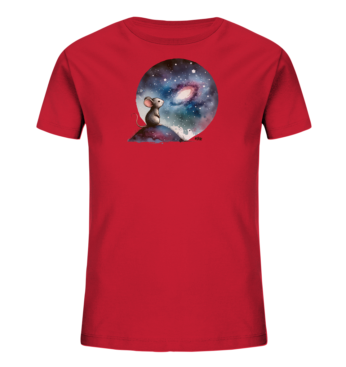 Onlineshop Shirts für Kinder - Das Bild zeigt ein rotes Kinder-T-Shirt. Auf der Vorderseite befindet sich eine runde Grafik, die eine kleine Maus darstellt, die auf einem Hügel sitzt. Die Maus blickt in einen detailreichen Nachthimmel mit Sternen und einer Galaxie. Das künstlerische Design verleiht dem Shirt eine verträumte und ansprechende Optik.