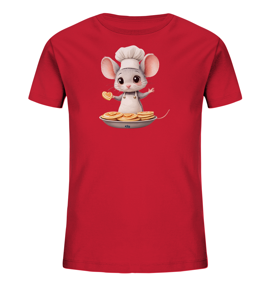 Onlineshop Shirts fuer Kinder - Das Bild zeigt ein rotes Kinder-T-Shirt mit einer niedlichen, grauen Kochmaus. Die Maus traegt eine weisse Kochmuetze und Schuerze und haelt ein kleines herzfoermiges Gebaeckstueck. Vor ihr steht eine Pfanne gefuellt mit mehreren goldbraunen Pfannkuchen. Das Design wirkt verspielt und liebevoll, ideal fuer kleine Feinschmecker.