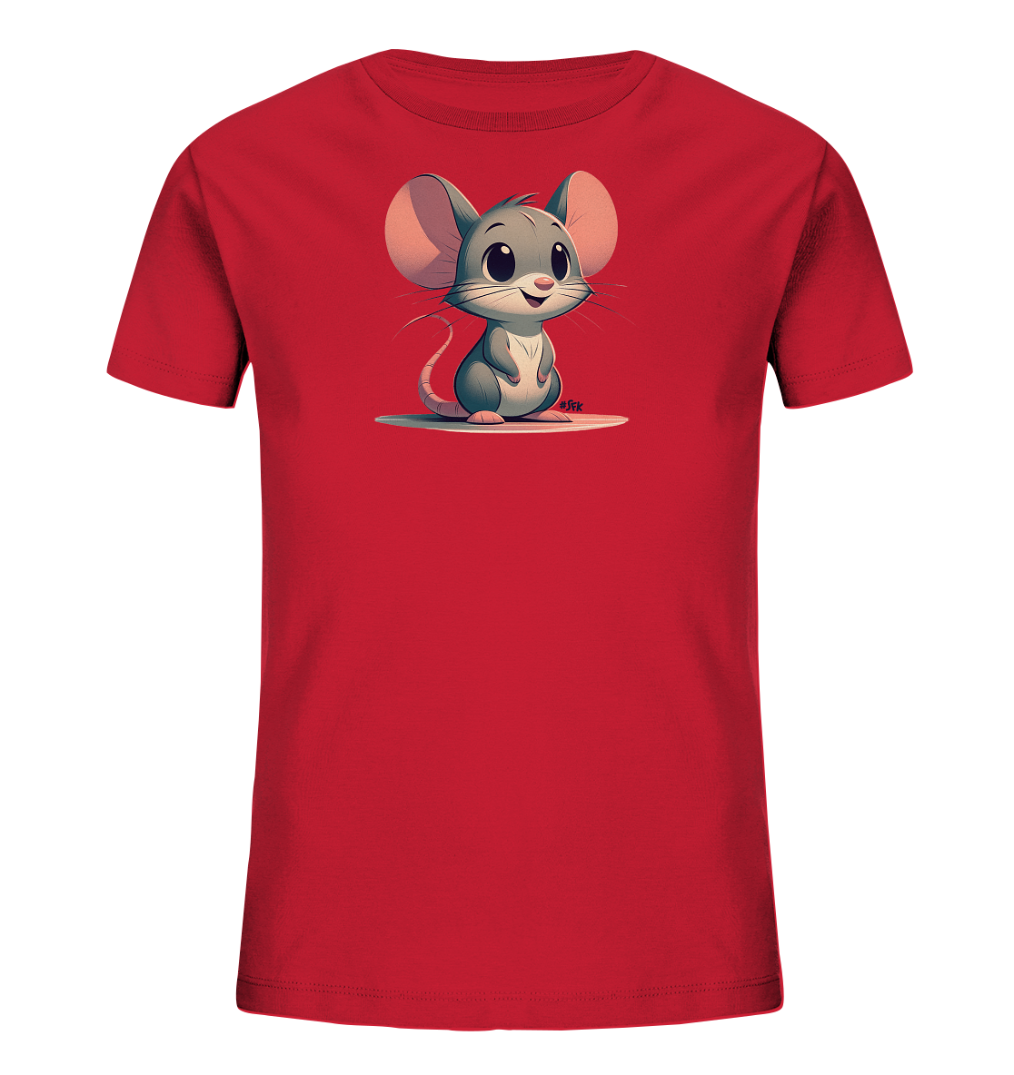 Onlineshop Shirts fuer Kinder - Das Bild zeigt ein rotes T-Shirt fuer Kinder mit einem suessen Motiv auf der Vorderseite. Darauf ist eine cartoonartige, graue Maus abgebildet. Die Maus sitzt aufrecht, hat grosse, rosa Ohren und ein freundliches Laecheln. Das verspielte Design macht es zu einem ansprechenden Kleidungsstueck fuer Kinder.