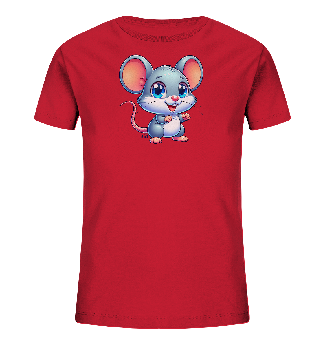 Onlineshop Shirts fuer Kinder - Das Bild zeigt ein rotes T-Shirt fuer Kinder mit einem charmanten Cartoon-Motiv auf der Vorderseite. Abgebildet ist eine kleine graue Maus mit grossen Ohren und freundlichen blauen Augen. Die Maus steht aufrecht und hat einen froehlichen Ausdruck. Das Design ist schlicht und kindgerecht.