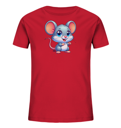 Onlineshop Shirts fuer Kinder - Das Bild zeigt ein rotes T-Shirt fuer Kinder mit einem charmanten Cartoon-Motiv auf der Vorderseite. Abgebildet ist eine kleine graue Maus mit grossen Ohren und freundlichen blauen Augen. Die Maus steht aufrecht und hat einen froehlichen Ausdruck. Das Design ist schlicht und kindgerecht.