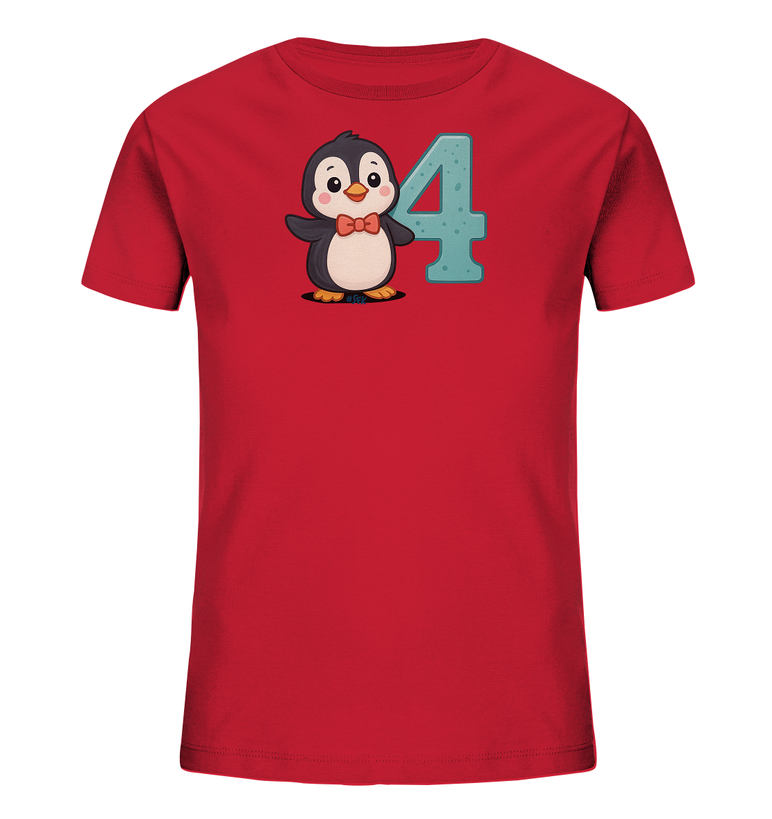 Onlineshop Shirts fuer Kinder - Das Bild zeigt ein rotes T-Shirt fuer Kinder mit einer niedlichen Illustration auf der Vorderseite. Zu sehen ist ein Pinguin mit roter Fliege, der neben einer grossen, strukturierten Zahl '4' in Hellblau steht. Das Design ist kindgerecht und farbenfroh auf dem Shirt platziert.
