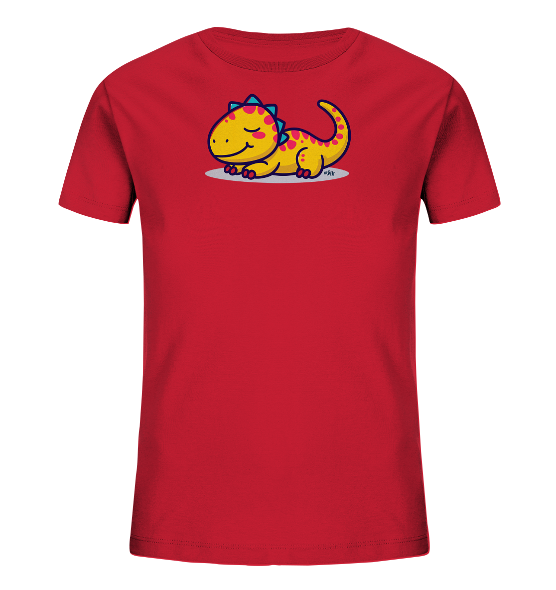 Onlineshop Shirts fuer Kinder - Das Bild zeigt ein leuchtend rotes T-Shirt fuer Kinder. Auf der Vorderseite befindet sich eine niedliche gelbe Cartoon-Dinosaurier-Illustration. Der Dinosaurier liegt entspannt da, hat rosafarbene Punkte und blaue Zacken auf dem Ruecken sowie geschlossene Augen, was ihm einen friedlichen Ausdruck verleiht. Dieses Design ist verspielt und ansprechend fuer kleine Kinder.