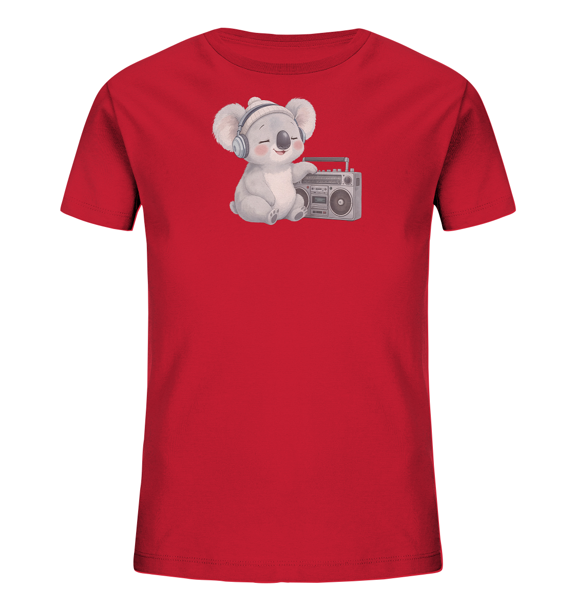 Onlineshop Shirts fuer Kinder - Das Bild zeigt ein leuchtend rotes Kinder-T-Shirt. Auf der Vorderseite ist eine niedliche Koala-Figur abgebildet, die Kopfhoerer traegt und neben einem Ghettoblaster sitzt. Der Koala laechelt mit geschlossenen Augen, was eine entspannte und froehliche Atmosphaere vermittelt. Das Design wirkt verspielt und kindgerecht.