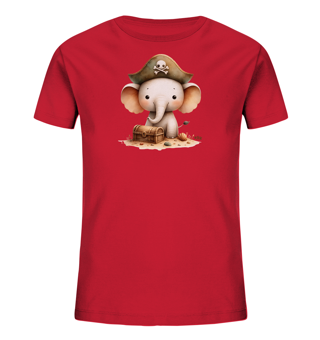 Onlineshop Shirts fuer Kinder - Das Bild zeigt ein rotes T-Shirt fuer Kinder. Auf der Vorderseite ist ein niedlicher Baby-Elefant abgebildet, der einen Piratenhut mit Totenkopf traegt. Er sitzt neben einer kleinen, geoeffneten Schatztruhe auf sandigem Boden, umgeben von Muscheln und Pflanzen. Das Design ist verspielt und fantasievoll, passend fuer kleine Abenteurer.