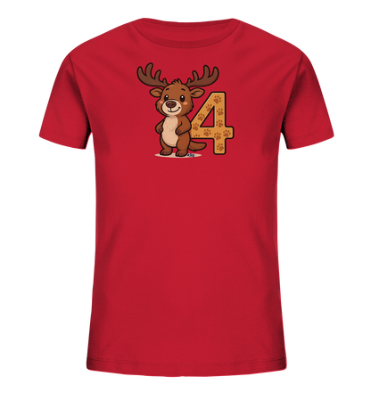 Onlineshop Shirts fuer Kinder - Das Bild zeigt ein rotes Kinder-T-Shirt mit einer Cartoon-Grafik. Abgebildet ist ein niedliches Rentier mit Geweih. Neben dem Rentier steht die Zahl '4', die mit einem Pfotenmuster verziert ist. Das Design ist froehlich und passt gut zu einem verspielten Look.