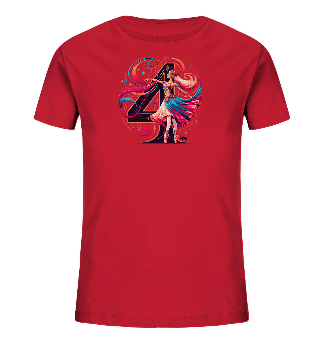 Onlineshop Shirts fuer Kinder - Dieses rote Kinder-T-Shirt zeigt eine kuenstlerische Grafik einer Ballerina. Die Taenzerin in einem farbenfrohen Kleid steht vor einer grossen, stilisierten Zahl "4". Um das Motiv ranken sich geschwungene Linien und abstrakte Formen in Rot, Blau und Goldtoenen. Das Design wirkt dynamisch und festlich.