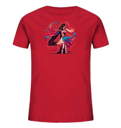 Onlineshop Shirts fuer Kinder - Dieses rote Kinder-T-Shirt zeigt eine kuenstlerische Grafik einer Ballerina. Die Taenzerin in einem farbenfrohen Kleid steht vor einer grossen, stilisierten Zahl "4". Um das Motiv ranken sich geschwungene Linien und abstrakte Formen in Rot, Blau und Goldtoenen. Das Design wirkt dynamisch und festlich.