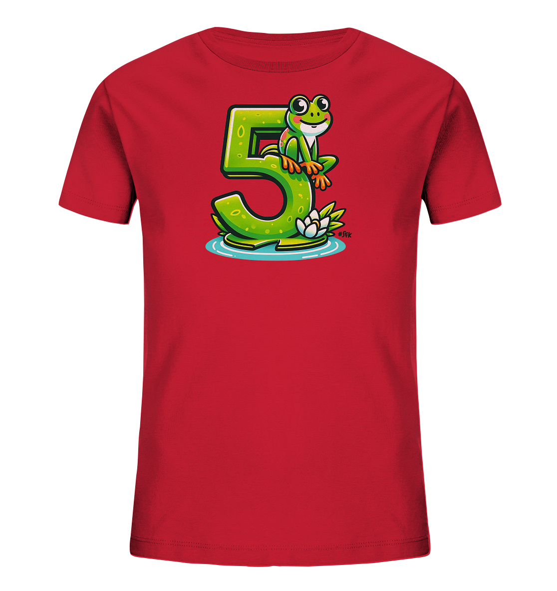 Onlineshop Shirts für Kinder - Das Bild zeigt ein rotes T-Shirt für Kinder mit einem farbenfrohen Aufdruck auf der Vorderseite. Das Motiv stellt eine grüne Cartoon-Froschfigur dar, die auf einer großen, stilisierten grünen Zahl '5' sitzt. Unter der Zahl sind Wasserelemente und eine weiße Seerose abgebildet. Das Design ist verspielt und ansprechend für Kinder.