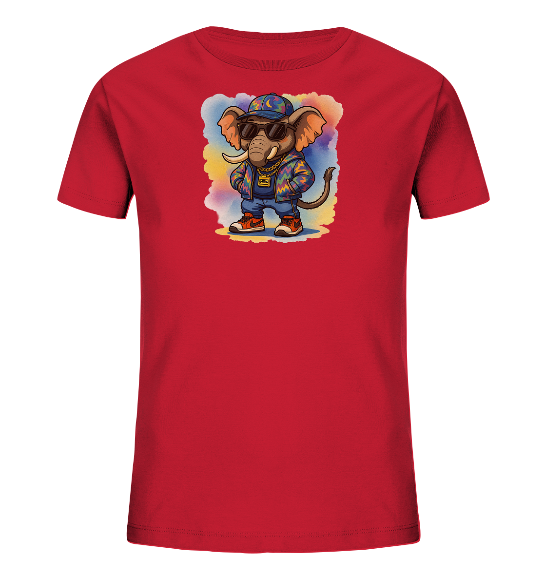 Onlineshop Shirts fuer Kinder - Das rote T-Shirt zeigt einen laessigen Zeichentrick-Elefanten im Streetwear-Stil. Der Elefant traegt eine Muetze, Sonnenbrille, eine bunte Jacke, Jeans und Sneaker. Eine goldene Kette schmueckt seinen Hals. Das Motiv ist vor einem farbenfrohen, aquarellartigen Hintergrund platziert, was ihm einen lebendigen Look verleiht.