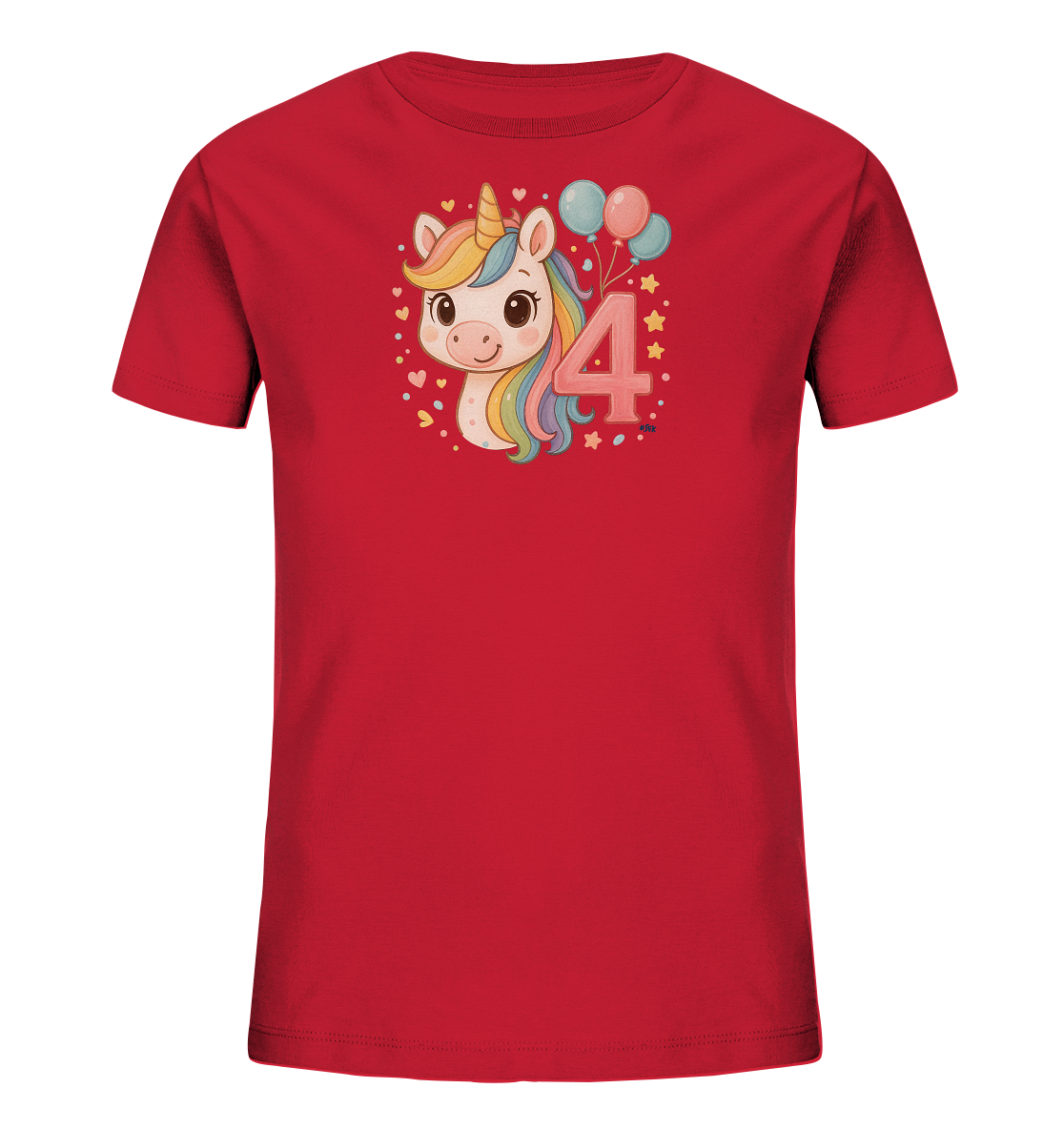 Onlineshop Shirts fuer Kinder - Das Bild zeigt ein rotes Kinder-T-Shirt mit einem froehlichen Einhorn-Motiv auf der Vorderseite. Das Einhorn hat eine bunte Regenbogenmaehne und ist von Herzen und Sternen umgeben. Neben dem Einhorn ist die Zahl '4' in rosa dargestellt, zusammen mit drei Luftballons. Das Design wirkt festlich und verspielt, ideal fuer einen besonderen Anlass.
