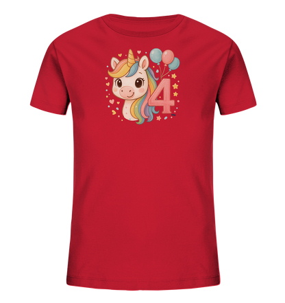 Onlineshop Shirts fuer Kinder - Das Bild zeigt ein rotes Kinder-T-Shirt mit einem froehlichen Einhorn-Motiv auf der Vorderseite. Das Einhorn hat eine bunte Regenbogenmaehne und ist von Herzen und Sternen umgeben. Neben dem Einhorn ist die Zahl '4' in rosa dargestellt, zusammen mit drei Luftballons. Das Design wirkt festlich und verspielt, ideal fuer einen besonderen Anlass.