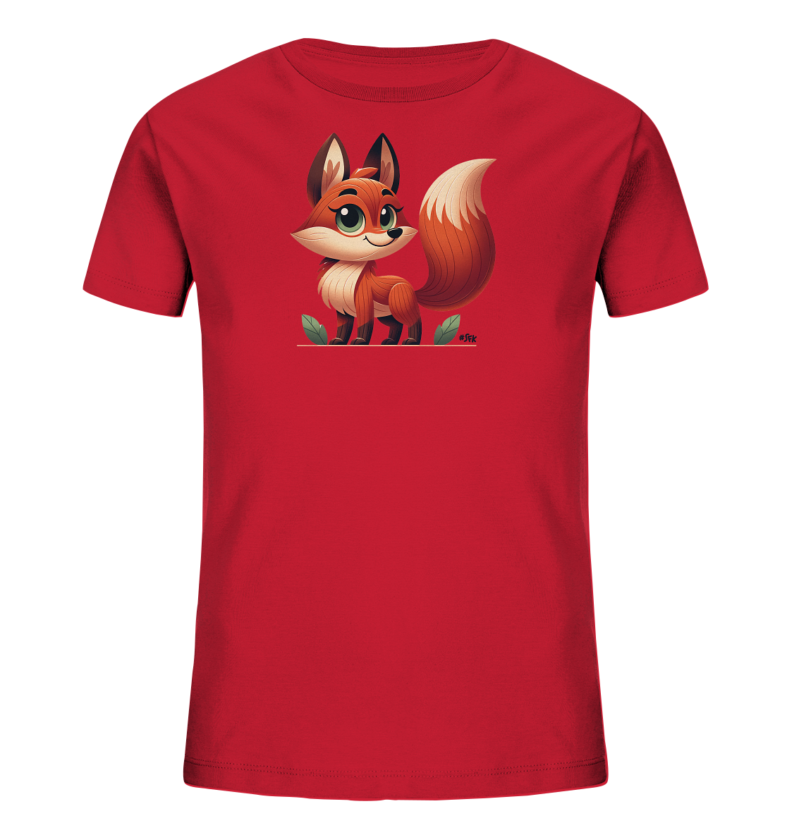Onlineshop Shirts fuer Kinder - Das Bild zeigt ein rotes T-Shirt fuer Kinder. Auf der Vorderseite ist eine niedliche, cartoonartige Illustration eines Fuchses abgebildet. Der Fuchs hat grosse Augen, einen buschigen Schwanz und steht auf einer Linie mit Blaettern. Das Design ist verspielt und farbenfroh.