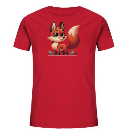 Onlineshop Shirts fuer Kinder - Das Bild zeigt ein rotes T-Shirt fuer Kinder. Auf der Vorderseite ist eine niedliche, cartoonartige Illustration eines Fuchses abgebildet. Der Fuchs hat grosse Augen, einen buschigen Schwanz und steht auf einer Linie mit Blaettern. Das Design ist verspielt und farbenfroh.