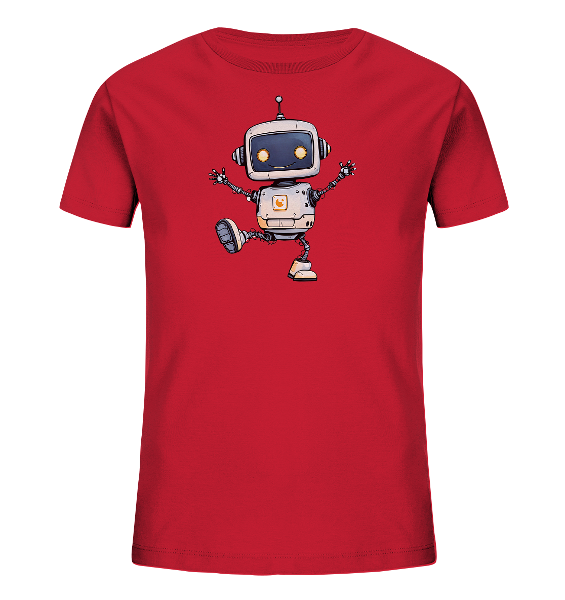 Onlineshop Shirts für Kinder - Das Bild zeigt ein rotes T-Shirt mit einem großen, zentral platzierten Motiv eines Roboters. Der Roboter hat eine weiße und graue Farbgebung mit gelben Augen und Details. Er ist in einer dynamischen Tanzpose dargestellt, mit einem Bein angewinkelt und den Armen ausgestreckt. Dieses lustige und energiegeladene Design eignet sich ideal für ein Kindershirt.