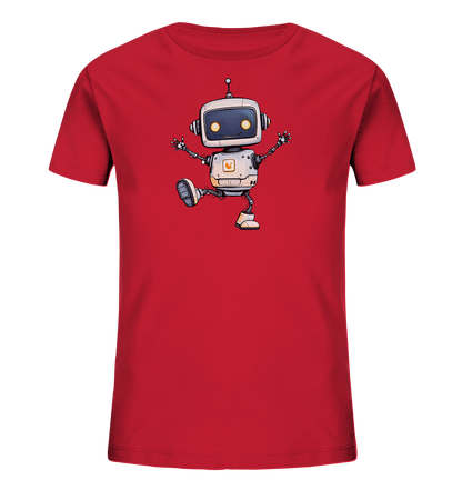 Onlineshop Shirts für Kinder - Das Bild zeigt ein rotes T-Shirt mit einem großen, zentral platzierten Motiv eines Roboters. Der Roboter hat eine weiße und graue Farbgebung mit gelben Augen und Details. Er ist in einer dynamischen Tanzpose dargestellt, mit einem Bein angewinkelt und den Armen ausgestreckt. Dieses lustige und energiegeladene Design eignet sich ideal für ein Kindershirt.