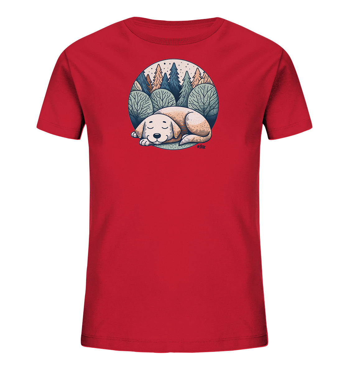 Onlineshop Shirts fuer Kinder - Dieses rote T-Shirt zeigt ein rundes Motiv mit einem friedlich schlafenden Hund. Im Hintergrund sind Baeume und Buesche in einer stilisierten Waldlandschaft zu sehen. Kleine Sterne oder Schneeflocken schweben am Himmel ueber dem Wald. Das Design strahlt Ruhe und Gemuetlichkeit aus.