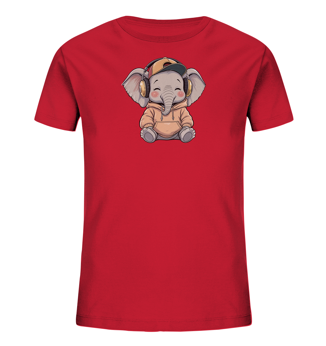 Onlineshop Shirts fuer Kinder - Das Bild zeigt ein rotes Kinder-T-Shirt mit einem niedlichen Cartoon-Elefantenmotiv auf der Vorderseite. Der kleine Elefant traegt einen beigen Hoodie, eine braune Kappe und Kopfhoerer, wodurch er verspielt wirkt. Sein freundliches Laecheln verleiht dem Design einen froehlichen Ausdruck.