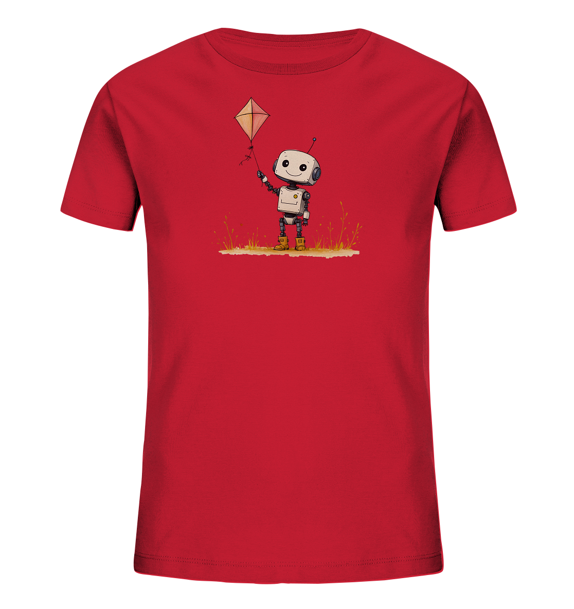Onlineshop Shirts für Kinder - Das Bild zeigt ein leuchtend rotes T-Shirt für Kinder. Auf der Vorderseite ist eine niedliche Illustration eines kleinen, freundlich aussehenden Roboters abgebildet. Der Roboter steht auf einem Stück Boden mit einigen Grashalmen und hält einen gelben Drachen an einer Schnur fest. Das Motiv ist farbenfroh und wirkt verspielt und fröhlich.