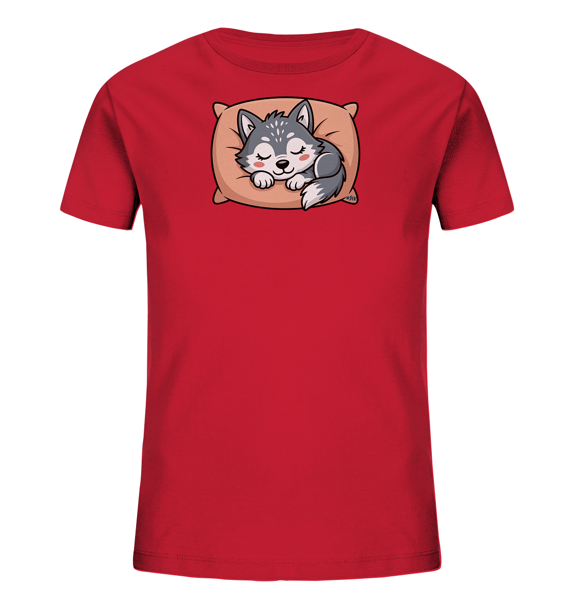 Onlineshop Shirts fuer Kinder - Das Bild zeigt ein leuchtend rotes Kinder-T-Shirt. Im Zentrum der Vorderseite ist ein niedlicher, cartoonhafter Wolfswelpe abgebildet, der friedlich auf einem beigefarbenen Kissen schlaeft. Der Welpe hat ein graues Fell mit weissen Akzenten und geschlossene Augen mit rosafarbenen Wangen. Das Motiv verleiht dem Shirt einen sanften und beruhigenden Charakter.