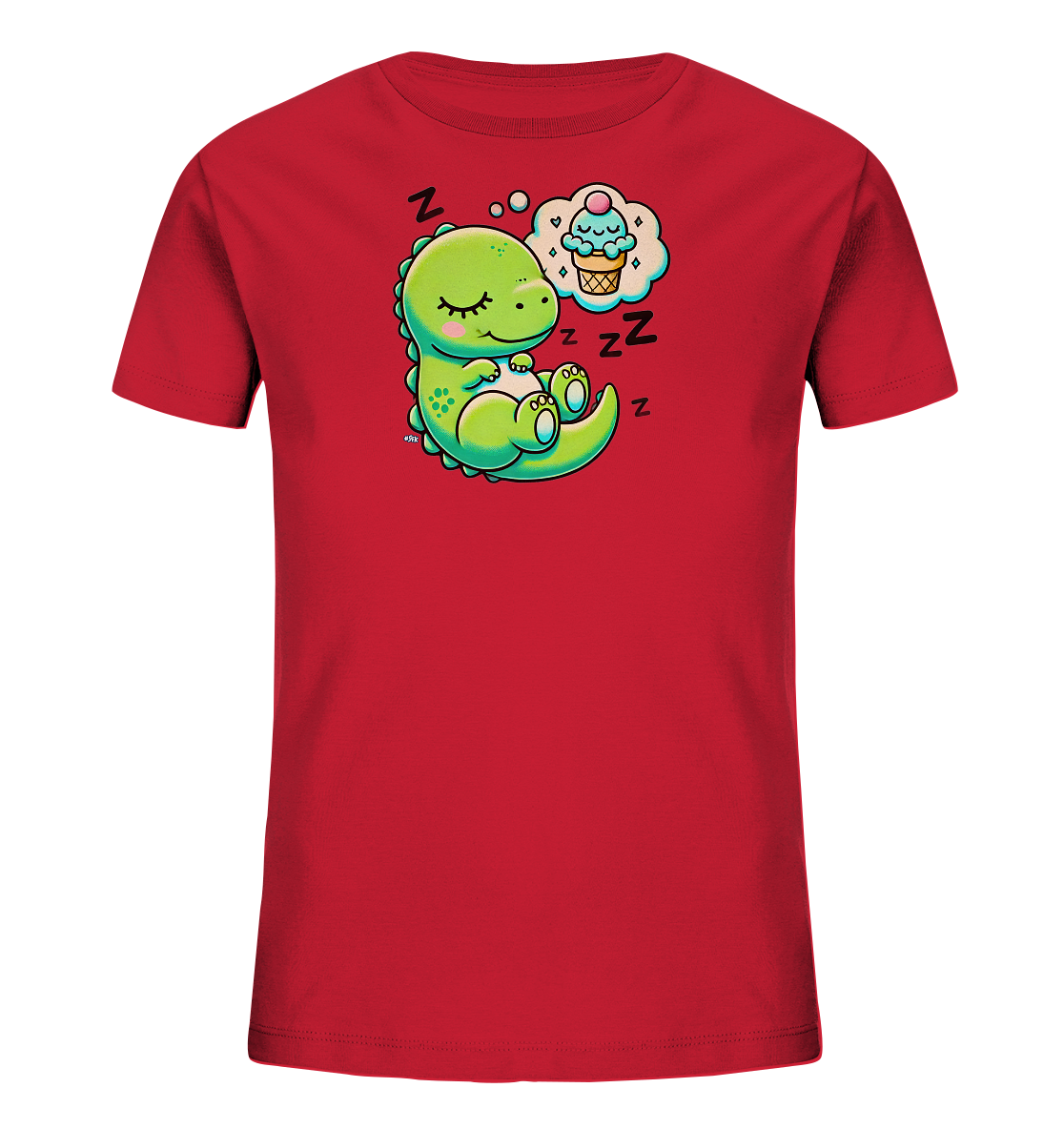 Onlineshop Shirts fuer Kinder - Das rote T-Shirt zeigt eine niedliche Illustration eines schlafenden gruenen Dinosauriers. Der kleine Dino traeumt von einem Eiscreme-Hoernchen, dargestellt in einer Sprechblase ueber ihm. Mehrere 'Z's umgeben den schlafenden Dinosaurier. Das Design wirkt verspielt und kindgerecht.
