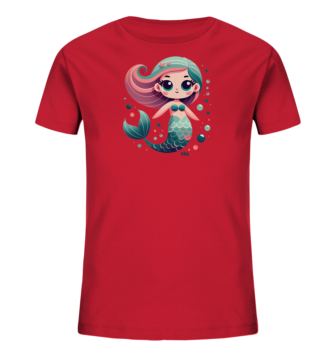 Onlineshop Shirts fuer Kinder - Das Bild zeigt ein rotes Kinder-T-Shirt mit einer Illustration einer Meerjungfrau auf der Vorderseite. Die Meerjungfrau ist im Cartoon-Stil gezeichnet, hat bunte Haare und einen schimmernden Schwanz. Um die Figur herum sind mehrere Blasen dargestellt.
