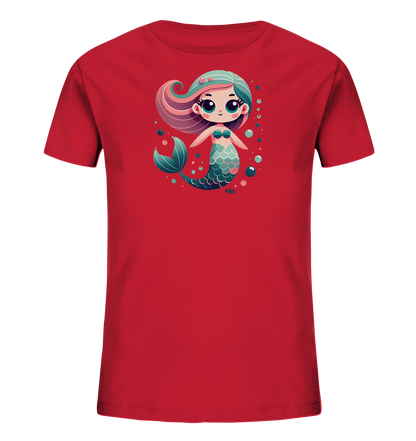 Onlineshop Shirts fuer Kinder - Das Bild zeigt ein rotes Kinder-T-Shirt mit einer Illustration einer Meerjungfrau auf der Vorderseite. Die Meerjungfrau ist im Cartoon-Stil gezeichnet, hat bunte Haare und einen schimmernden Schwanz. Um die Figur herum sind mehrere Blasen dargestellt.