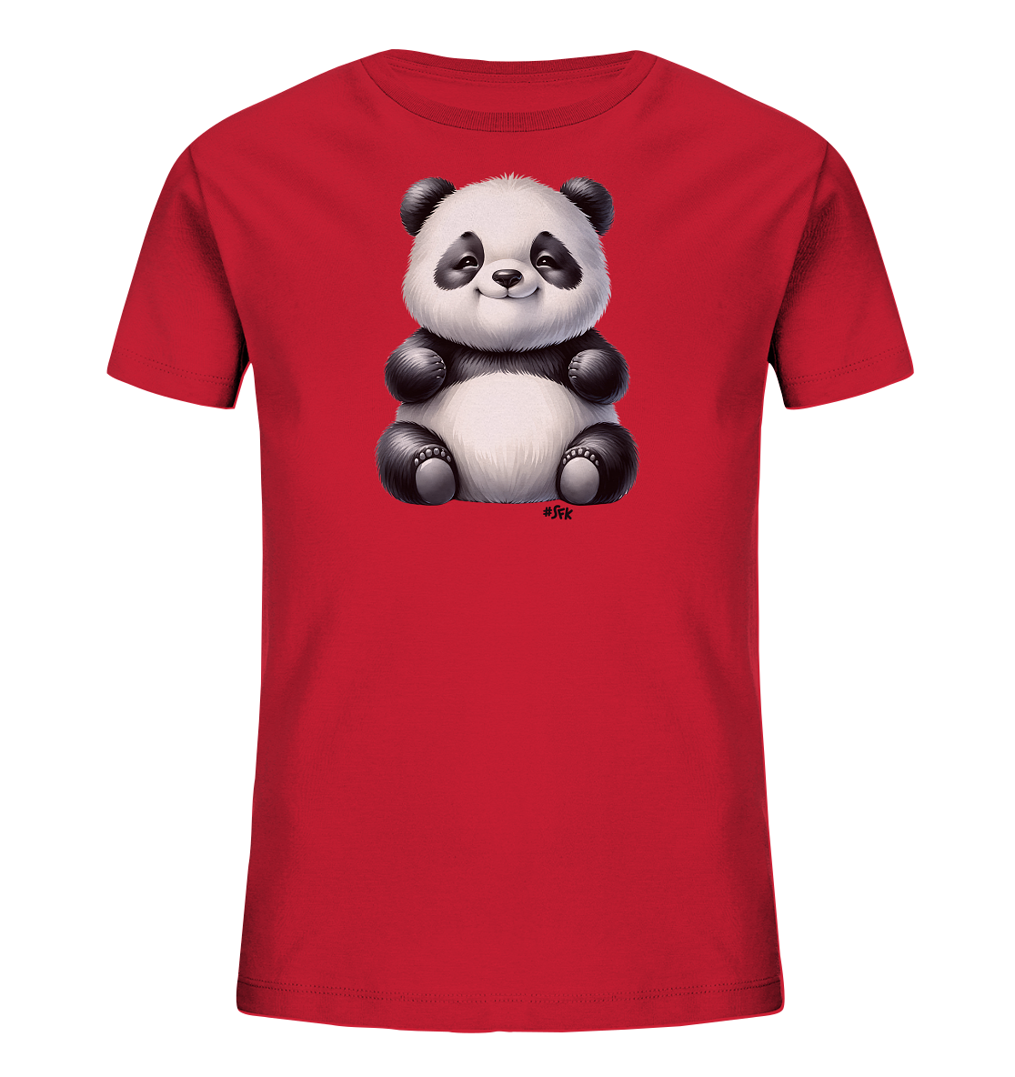 Onlineshop Shirts fuer Kinder - Das Bild zeigt ein rotes T-Shirt fuer Kinder mit einer niedlichen Illustration eines Pandas. Der Panda ist im Zentrum des Shirts platziert, sitzt aufrecht und hat ein freundliches Laecheln. Die Illustration zeigt den Panda mit seinen charakteristischen schwarzen Flecken um die Augen und an den Ohren, Armen und Beinen. Das Design ist detailreich gestaltet und verleiht dem Shirt einen verspielten Look.