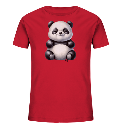 Kinder T-Shirt mit ein sitzender Panda mit schwarz-weißem Fell und freundlichem Lächeln