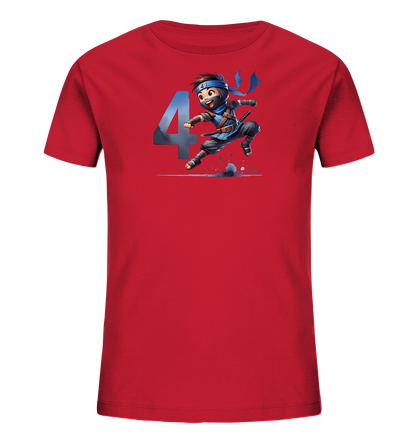 Kinder-T-Shirt mit springendem Ninja und Zahl 4