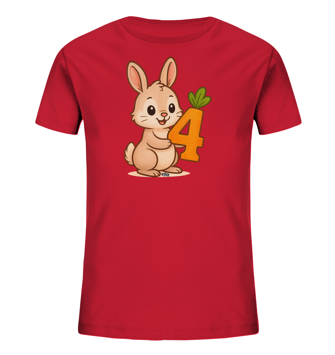 Onlineshop Shirts fuer Kinder - Das Bild zeigt ein rotes Kinder-T-Shirt. Auf der Vorderseite ist eine niedliche, cartoonartige Illustration eines Hasen zu sehen, der die Zahl '4' haelt. Die orangefarbene Zahl hat gruene Blaetter oben, aehnlich einer Karotte. Der Hase ist hellbraun gezeichnet und hat einen freundlichen Ausdruck. Dieses Design ist ideal fuer Kinder, besonders zum vierten Geburtstag.
