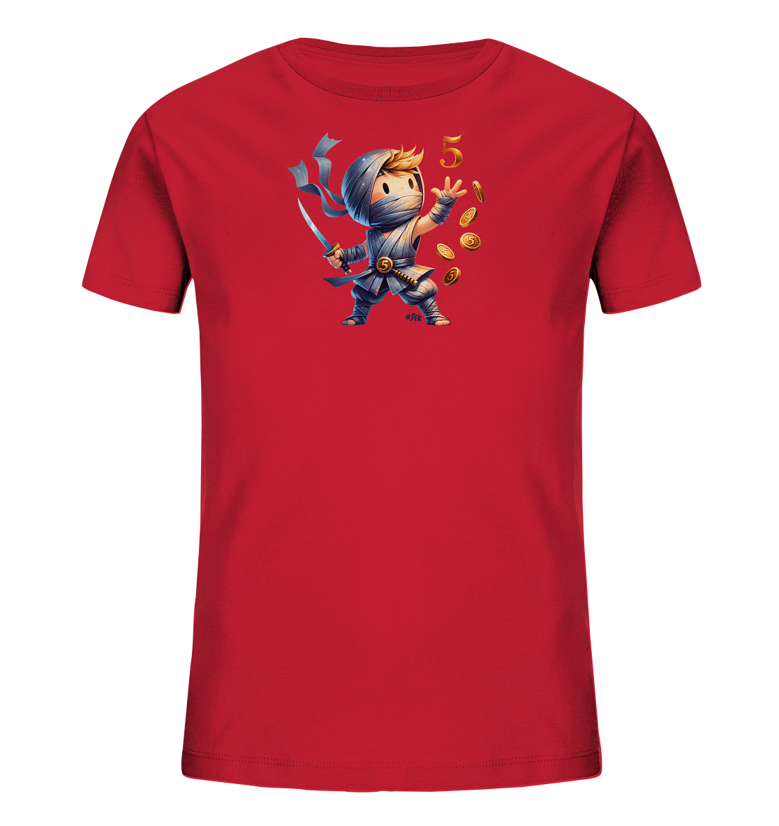 Onlineshop Shirts fuer Kinder - Das Bild zeigt ein rotes T-Shirt fuer Kinder mit einer farbigen Illustration auf der Vorderseite. Abgebildet ist ein cartoonartiger Charakter, der wie ein bandagierter Krieger mit blauem Schal und Schwert aussieht. Der Charakter wirft goldene Muenzen in die Luft, und neben ihm ist die Zahl '5' in Gold zu sehen. Das Motiv ist detailreich und dynamisch gestaltet.
