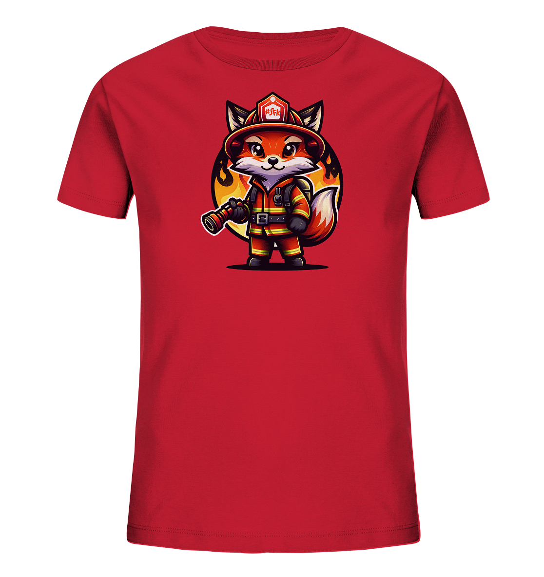 Onlineshop Shirts fuer Kinder - Das Bild zeigt ein rotes Kinder-T-Shirt mit einer niedlichen Illustration eines Fuchses. Der Fuchs ist als Feuerwehrmann verkleidet, traegt Helm, Uniform und haelt eine Schlauchduese. Die Grafik ist im Cartoon-Stil gehalten und zeigt im Hintergrund Flammen-aehnliche Elemente. Das Design ist verspielt und ansprechend fuer Kinder.