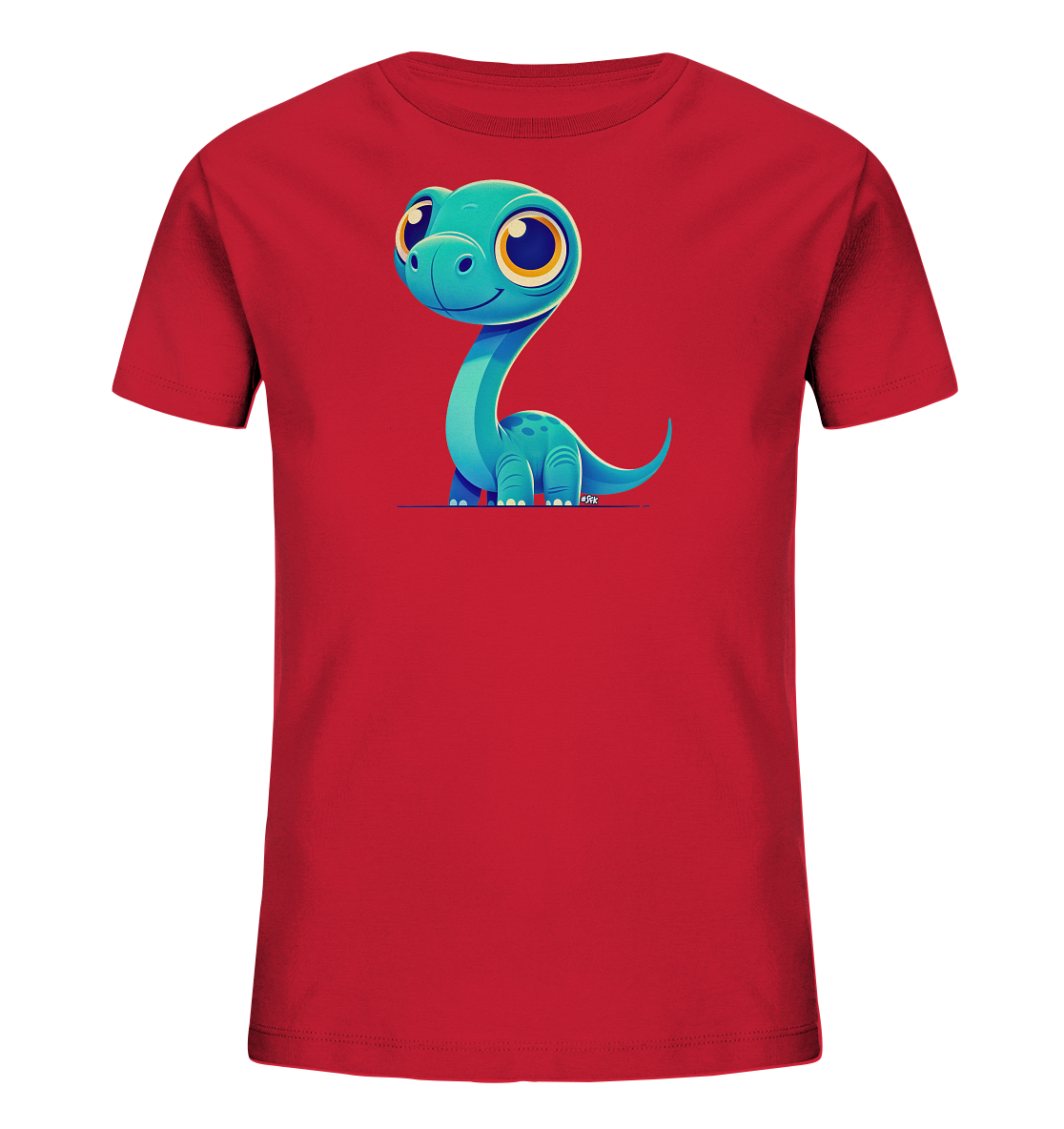 Onlineshop Shirts für Kinder - Das Bild zeigt ein rotes Kinder-T-Shirt auf einem schwarzen Hintergrund. Auf der Vorderseite des Shirts ist eine bunte und niedliche Illustration eines Cartoon-Dinosauriers abgebildet. Der hellblaue Dinosaurier hat große, leuchtend gelbe Augen, einen langen Hals und Punkte auf dem Körper. Er sitzt in einer freundlichen Pose, was dem T-Shirt einen verspielten und ansprechenden Charakter verleiht.