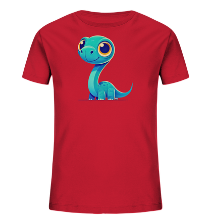 Onlineshop Shirts für Kinder - Das Bild zeigt ein rotes Kinder-T-Shirt auf einem schwarzen Hintergrund. Auf der Vorderseite des Shirts ist eine bunte und niedliche Illustration eines Cartoon-Dinosauriers abgebildet. Der hellblaue Dinosaurier hat große, leuchtend gelbe Augen, einen langen Hals und Punkte auf dem Körper. Er sitzt in einer freundlichen Pose, was dem T-Shirt einen verspielten und ansprechenden Charakter verleiht.