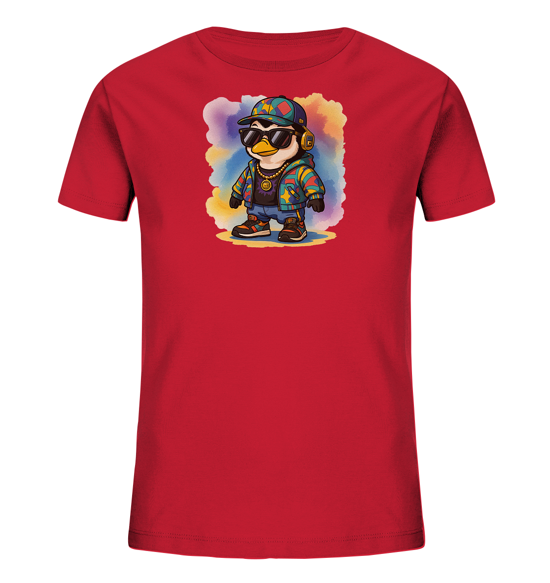 Onlineshop Shirts fuer Kinder - Das Bild zeigt ein rotes Kinder-T-Shirt mit einem auffaelligen Motiv eines Pinguins. Der Pinguin traegt Sonnenbrille, Kopfhoerer, eine bunte Jacke und eine goldene Kette. Er steht auf einem gelblichen Untergrund vor einem farbenfrohen, aquarellartigen Hintergrund. Dieses Design verleiht dem Shirt einen verspielten und trendigen Look.