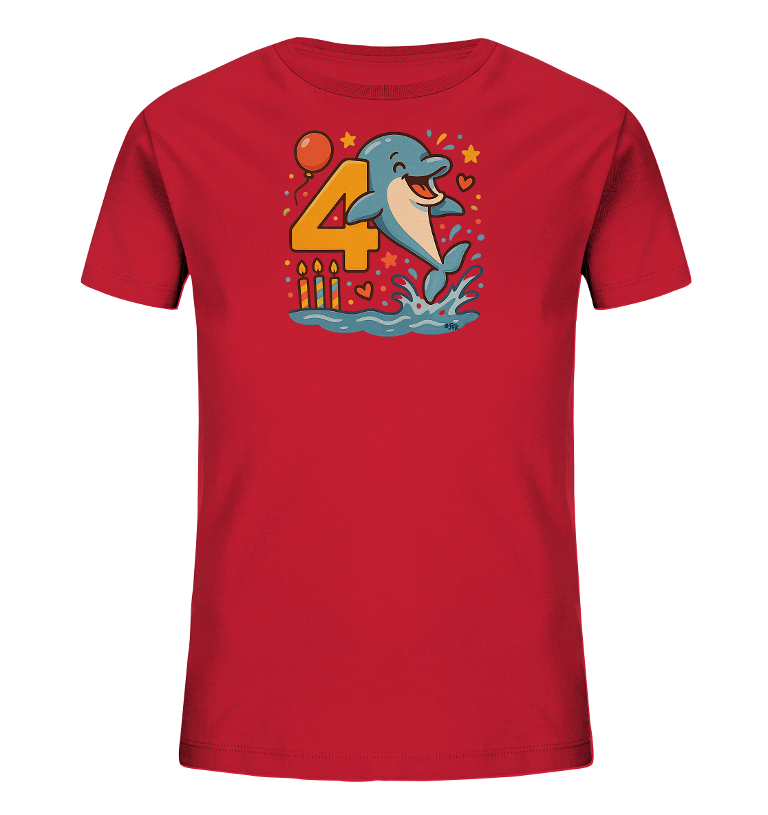 Onlineshop Shirts fuer Kinder - Das rote T-Shirt fuer Kinder zeigt eine froehliche Illustration eines springenden Delfins. Neben dem Delfin ist die Zahl 4 gross und orange dargestellt, umgeben von festlichen Elementen wie einem Ballon, Kerzen und Konfetti. Das Motiv wirkt verspielt und ist ideal fuer einen Geburtstag.