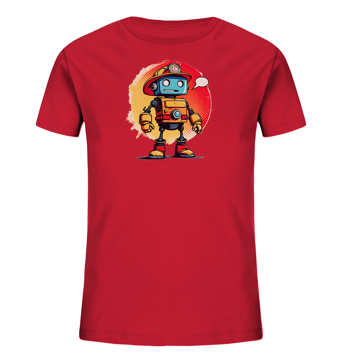 Onlineshop Shirts für Kinder - Das Bild präsentiert ein rotes Kinder-T-Shirt mit einem auffälligen Frontdruck. Das Motiv zeigt einen illustrierten Roboter, der als Feuerwehrmann gekleidet ist. Der Roboter trägt einen roten Feuerwehrhelm, hat einen blauen Kopf und einen orangefarbenen Körper mit roten Akzenten. Hinter dem Roboter befindet sich ein kreisförmiger, strukturierter Hintergrund mit Farbverläufen von Gelb zu Rot, und eine Sprechblase ist über dem Kopf des Roboters dargestellt.