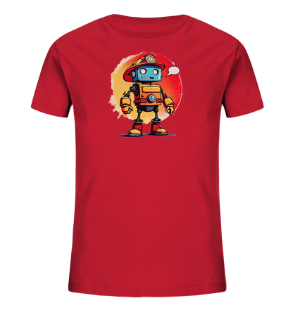Onlineshop Shirts für Kinder - Das Bild präsentiert ein rotes Kinder-T-Shirt mit einem auffälligen Frontdruck. Das Motiv zeigt einen illustrierten Roboter, der als Feuerwehrmann gekleidet ist. Der Roboter trägt einen roten Feuerwehrhelm, hat einen blauen Kopf und einen orangefarbenen Körper mit roten Akzenten. Hinter dem Roboter befindet sich ein kreisförmiger, strukturierter Hintergrund mit Farbverläufen von Gelb zu Rot, und eine Sprechblase ist über dem Kopf des Roboters dargestellt.