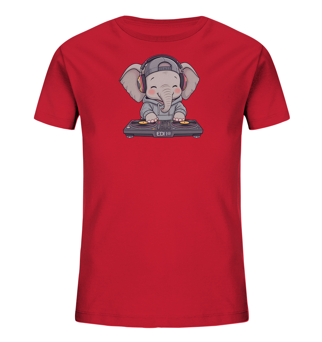 Onlineshop Shirts fuer Kinder - Das Bild zeigt ein rotes Kinder-T-Shirt mit einem niedlichen Cartoon-Elefantenmotiv auf der Vorderseite. Der Elefant traegt eine Kapuzenjacke, eine Kappe und Kopfhoerer und sitzt vor einer DJ-Ausruestung. Sein Gesichtsausdruck ist froehlich und verspielt. Das Design verleiht dem Shirt einen modernen und coolen Charakter, ideal fuer Kinder.