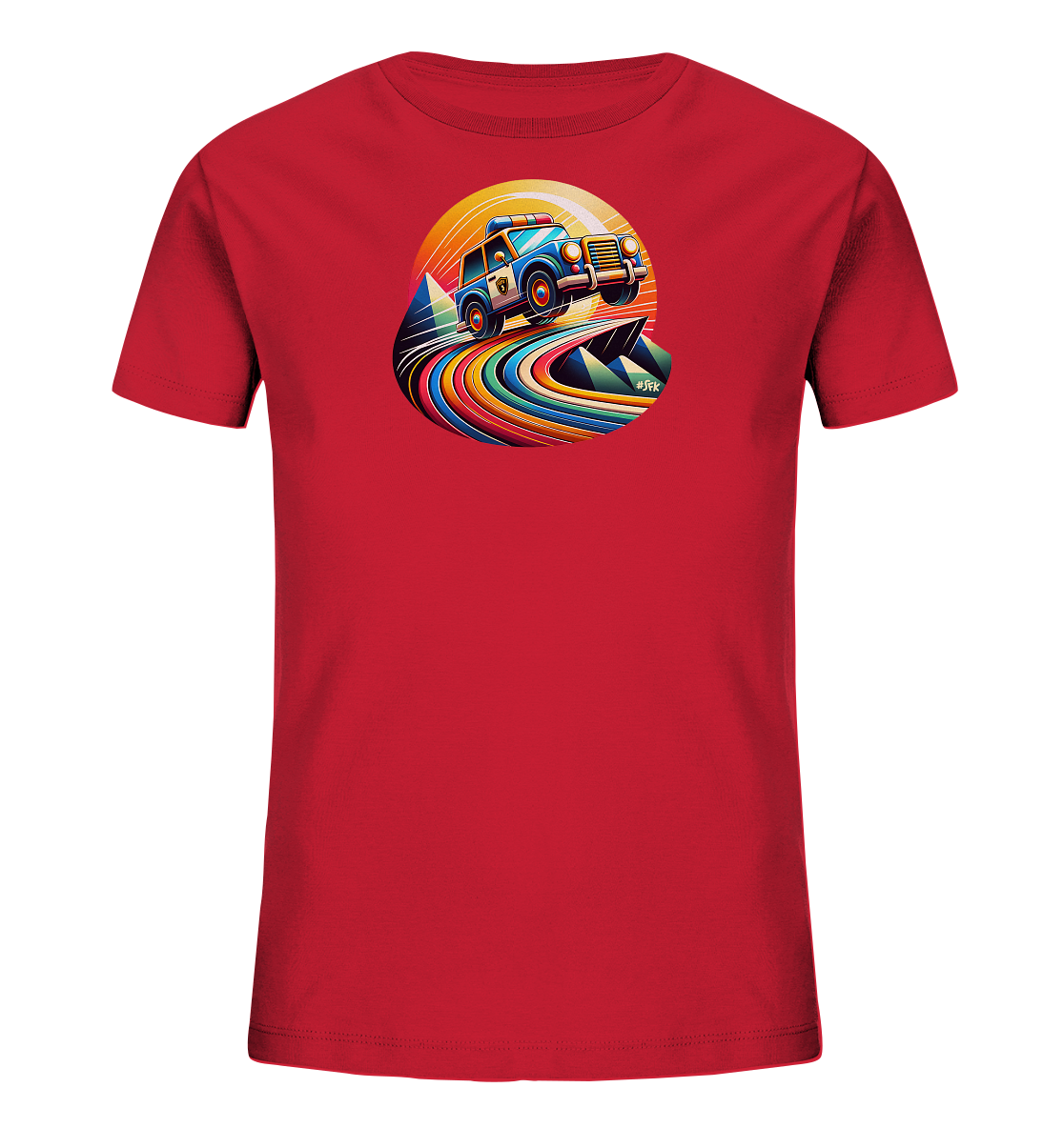 Onlineshop Shirts fuer Kinder - Das rote T-Shirt praesentiert ein auffaelliges Motiv eines blauen Polizeiautos. Das Auto springt ueber bunte, geschwungene Bahnen und geometrische Felsen, eingerahmt von einem hellen Sonnenkreis. Das Design ist farbenfroh und dynamisch, in einem illustrativen Stil gehalten. Es ist ein Blickfang fuer kleine Autofans.