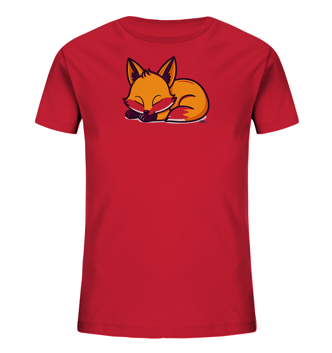 Onlineshop Shirts fuer Kinder - Das Bild zeigt ein rotes T-Shirt fuer Kinder mit einem niedlichen Fuchs-Motiv auf der Vorderseite. Der Fuchs ist in orange und gelb dargestellt, schlaeft friedlich eingerollt und hat dunkle Umrisse. Das Design wirkt ruhig und ansprechend. Die Farben sind lebendig und heben sich gut vom roten Stoff ab.