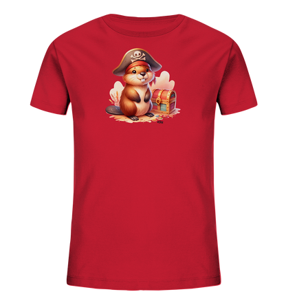 Onlineshop Shirts fuer Kinder - Das Bild zeigt ein rotes T-Shirt fuer Kinder mit einem lustigen Motiv auf der Vorderseite. Abgebildet ist ein cartoonhafter Biber, der einen Piratenhut mit Totenkopf traegt. Er sitzt auf sandigem Untergrund neben einer offenen Schatzkiste voller glaenzender Muenzen. Das Design ist farbenfroh und detailreich gestaltet.