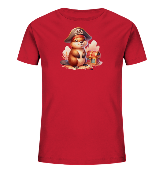 Onlineshop Shirts fuer Kinder - Das Bild zeigt ein rotes T-Shirt fuer Kinder mit einem lustigen Motiv auf der Vorderseite. Abgebildet ist ein cartoonhafter Biber, der einen Piratenhut mit Totenkopf traegt. Er sitzt auf sandigem Untergrund neben einer offenen Schatzkiste voller glaenzender Muenzen. Das Design ist farbenfroh und detailreich gestaltet.