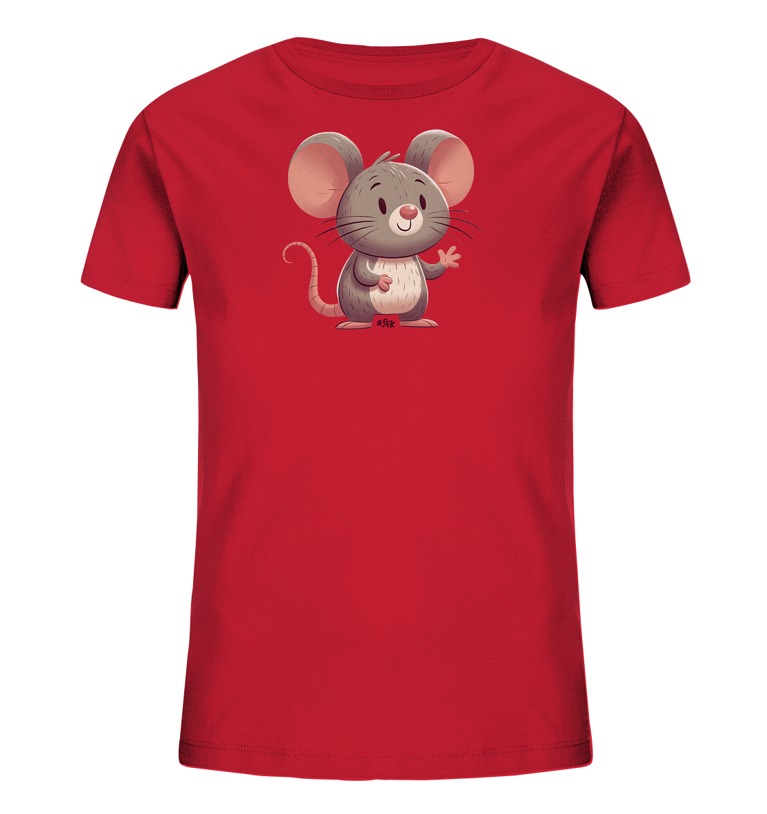 Onlineshop Shirts für Kinder - Das Bild zeigt ein leuchtend rotes T-Shirt für Kinder. Auf der Vorderseite ist eine süße, cartoonhafte Maus als Grafik abgebildet. Die Maus hat graues Fell, große rosa Ohren und einen freundlichen Ausdruck, während sie ihre Pfote zum Winken hebt. Am unteren Rand der Grafik ist ein kleines pinkes Etikett mit der Aufschrift "#SFK" zu sehen. Das T-Shirt ist schlicht gestaltet und die Grafik ist prominent auf der Brust platziert.