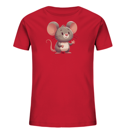 Onlineshop Shirts für Kinder - Das Bild zeigt ein leuchtend rotes T-Shirt für Kinder. Auf der Vorderseite ist eine süße, cartoonhafte Maus als Grafik abgebildet. Die Maus hat graues Fell, große rosa Ohren und einen freundlichen Ausdruck, während sie ihre Pfote zum Winken hebt. Am unteren Rand der Grafik ist ein kleines pinkes Etikett mit der Aufschrift "#SFK" zu sehen. Das T-Shirt ist schlicht gestaltet und die Grafik ist prominent auf der Brust platziert.